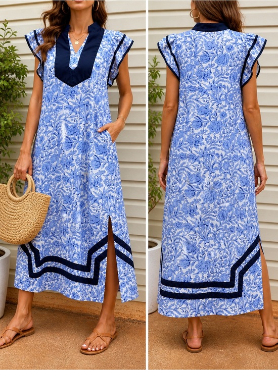 entro Dresses & Skirts - Entro Blue Floral Midi Dress Small Side Slit Flutter Sleeve Detail